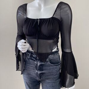 Dolls Kill Current Mood Fairy Style Black Top Mesh Handkerchief Hem Bell Sleeves